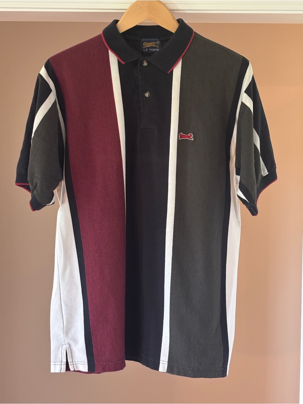 Le Tigre Men’s Vertical Stripe Polo - Black, Burgundy & Olive